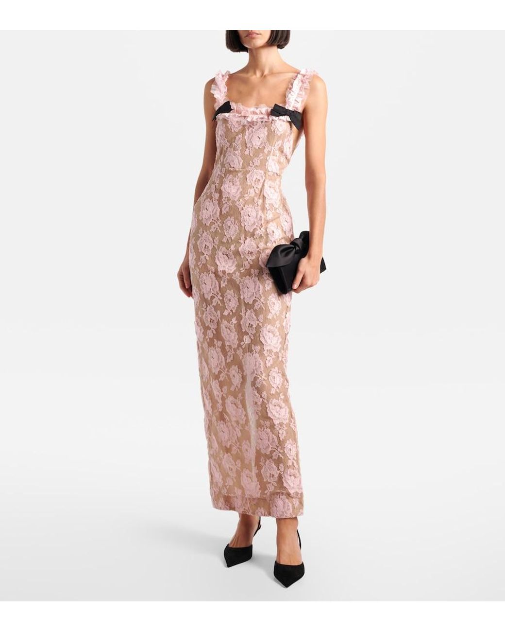 Alessandra Rich Pink Ruffled Cotton-Blend Lace Maxi Dress