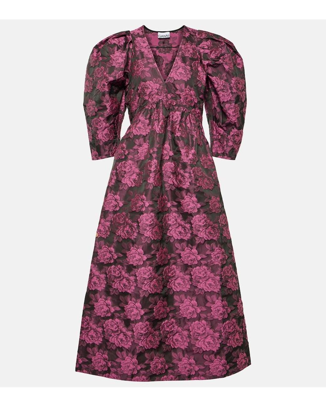 Ganni Purple Net Sustain Floral-Print Jacquard Midi Dress