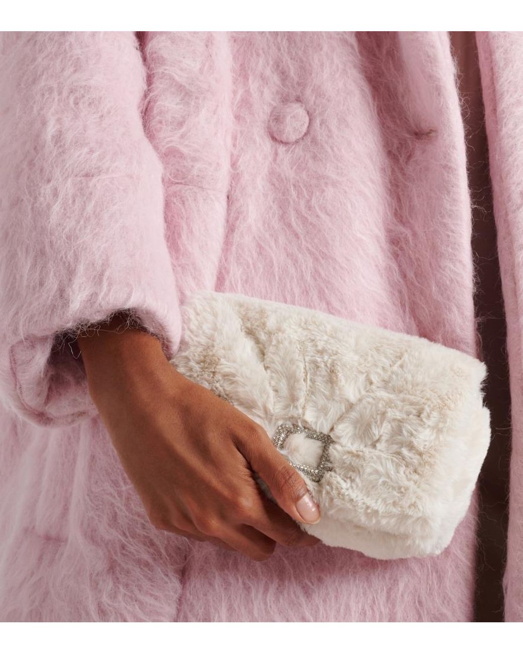 Roger Vivier Natural Viv Choc Embellished Faux Shearling Wallet