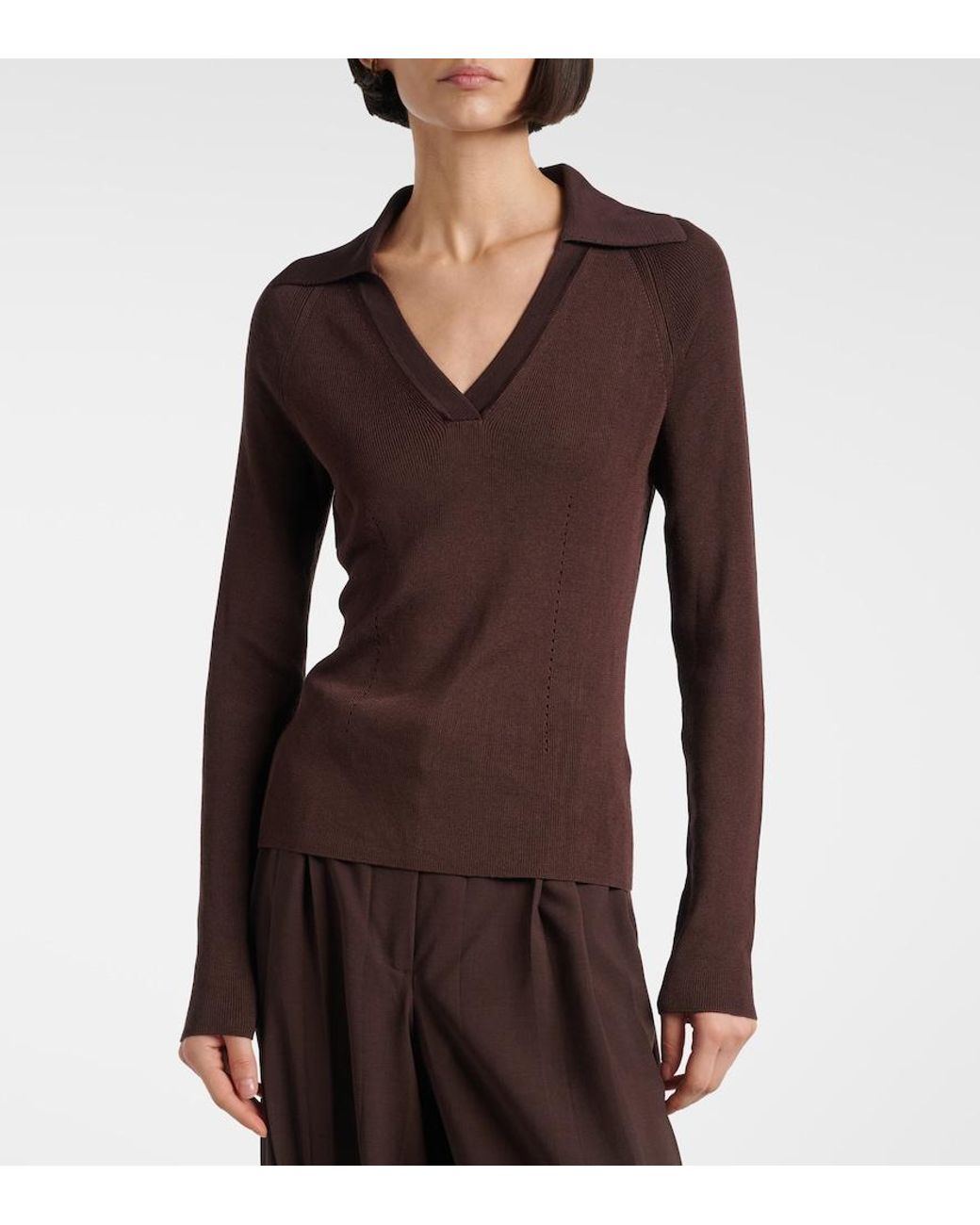 Joseph Brown Ribbed-Knit Polo Sweater