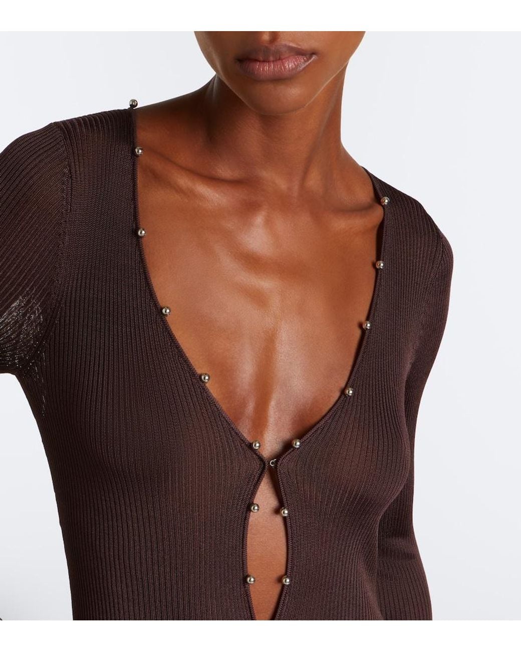 De La Vali Brown Elisia Ribbed-Knit Ruched Maxi Dress