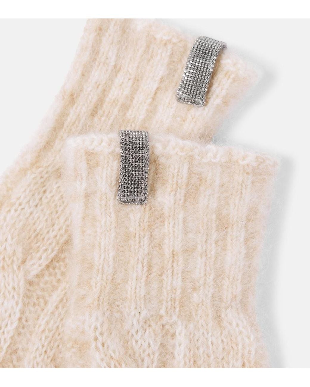 Brunello Cucinelli Natural Embellished Cable-Knit Wool Gloves