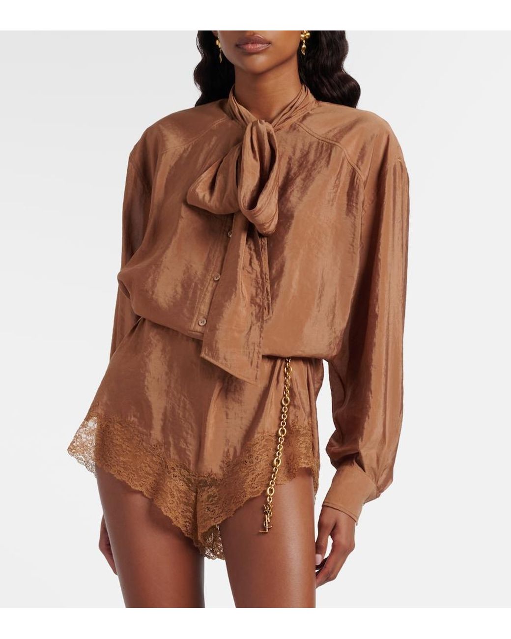 Saint Laurent Brown Lace-Trimmed Tie-Neck Romper