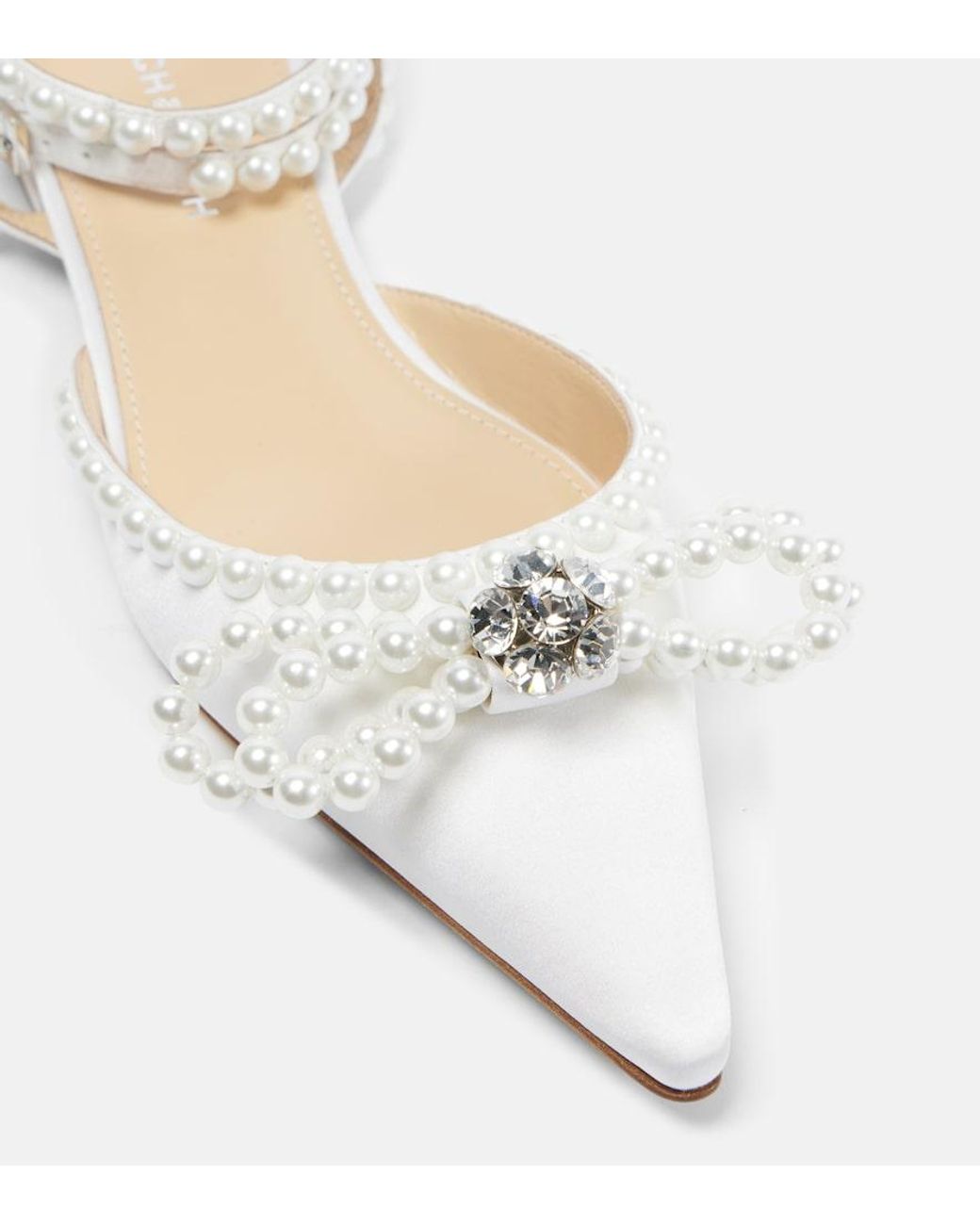 Mach & Mach White Double Bow Embellished Satin Ballet Flats