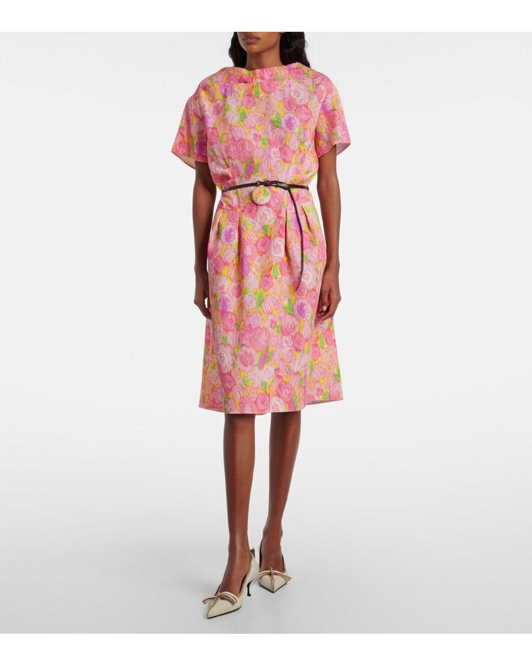 Prada Pink Floral Silk-Blend Cloque Midi Dress