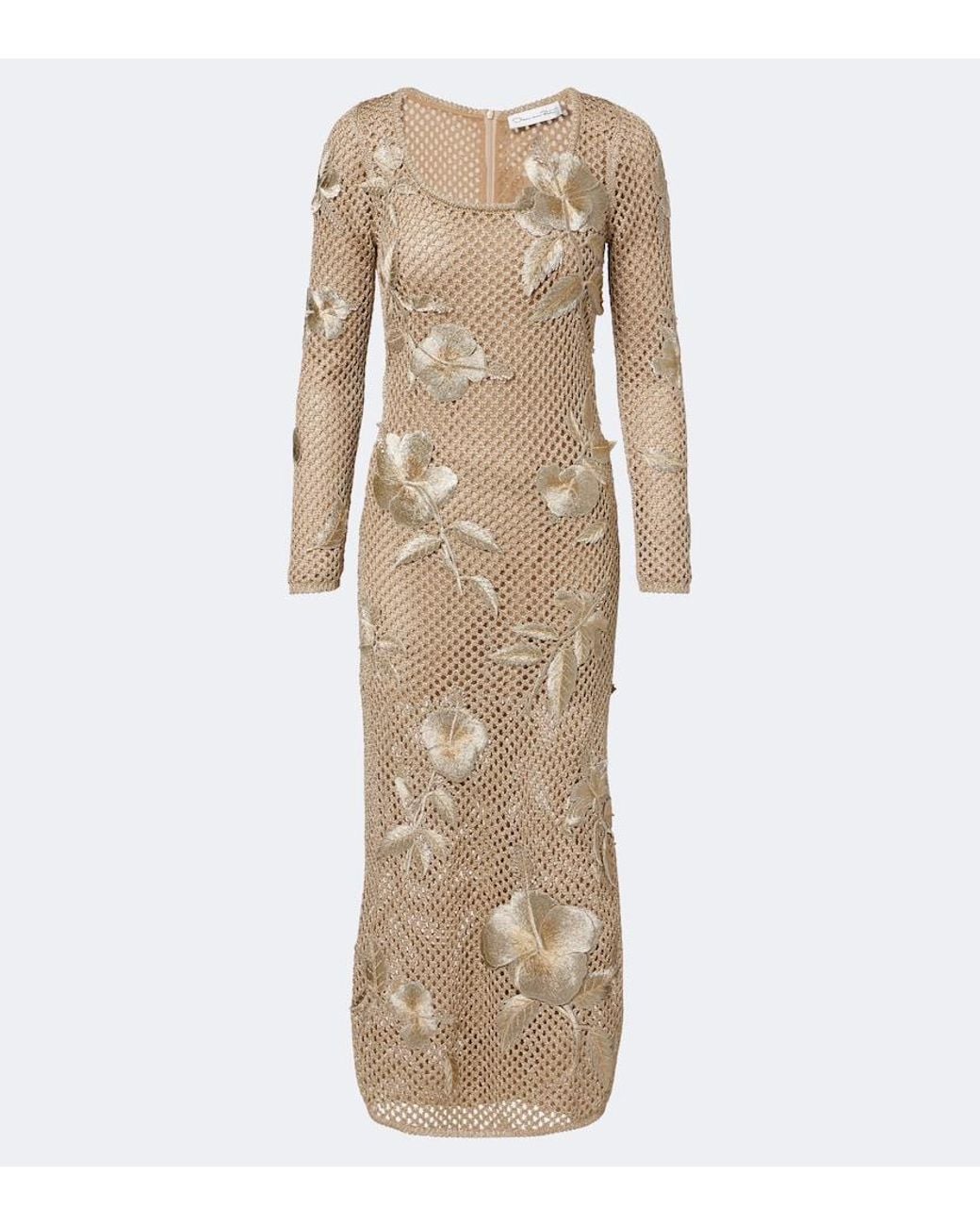 Oscar de la Renta Natural Floral-Applique Open-Knit Midi Dress