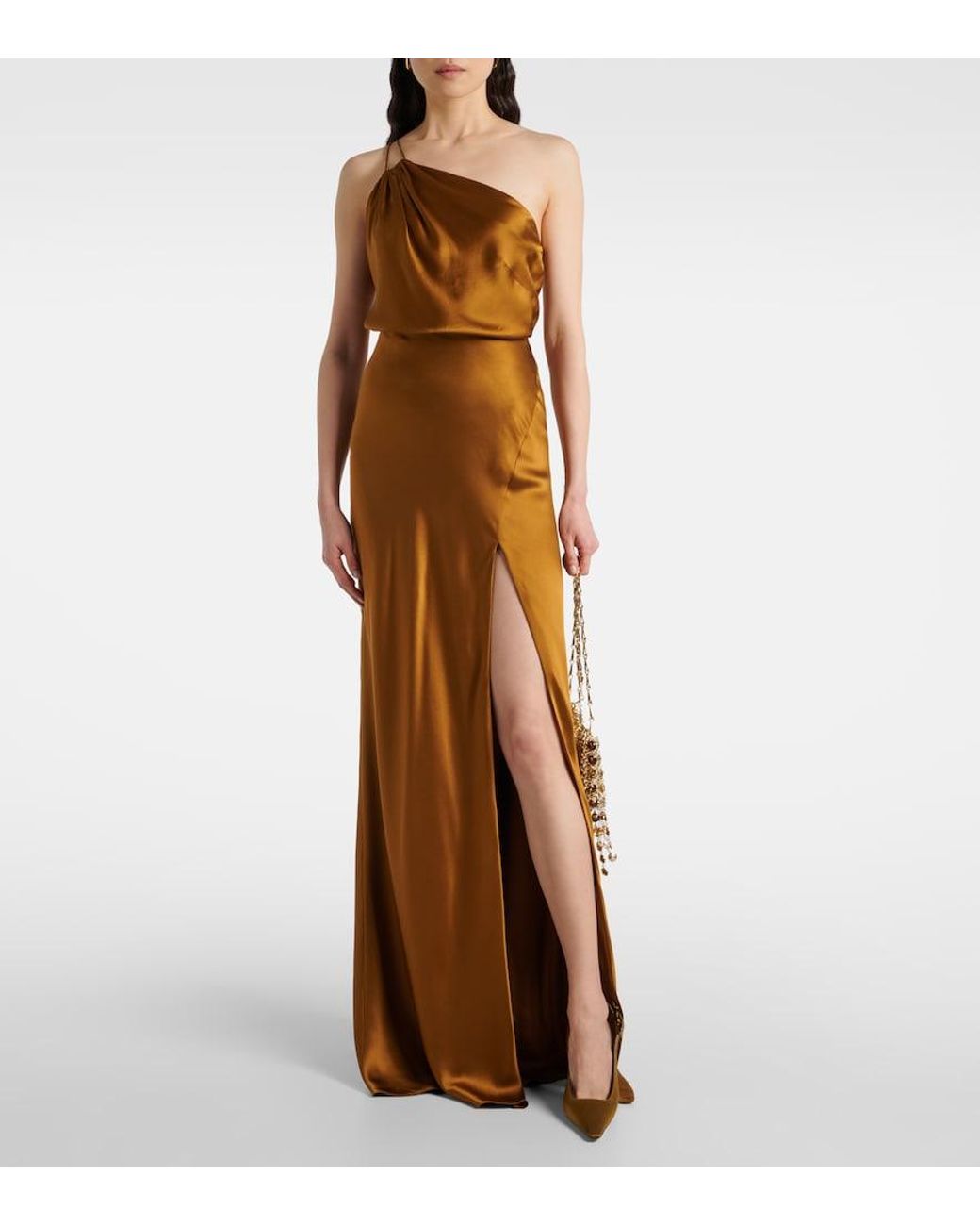 The Sei Brown Asymmetric Silk Satin Maxi Skirt