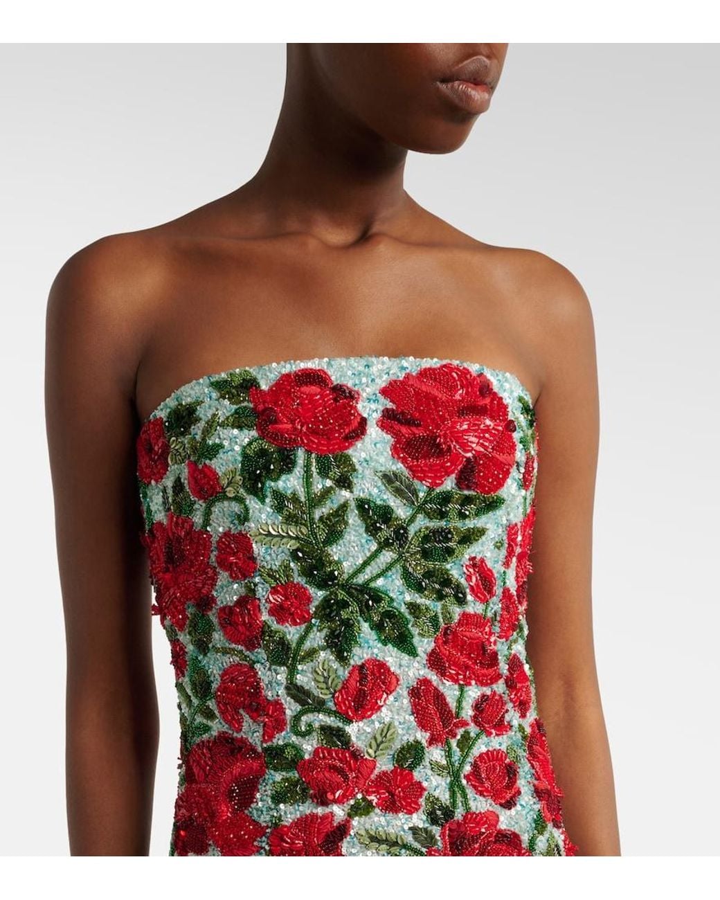 La Fuori Red Crimson Rose Embellished Bustier Gown