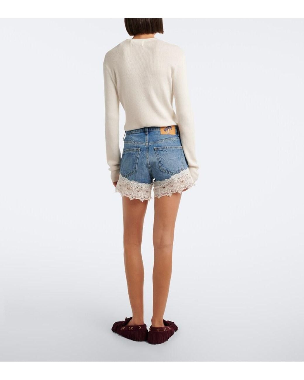 Alanui Blue Romance Lace-Trimmed Denim Shorts