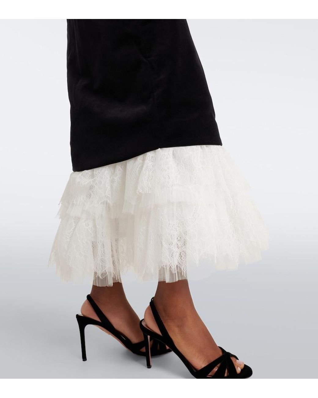 Costarellos Black Isabetta Lace-Trimmed Velvet Midi Dress