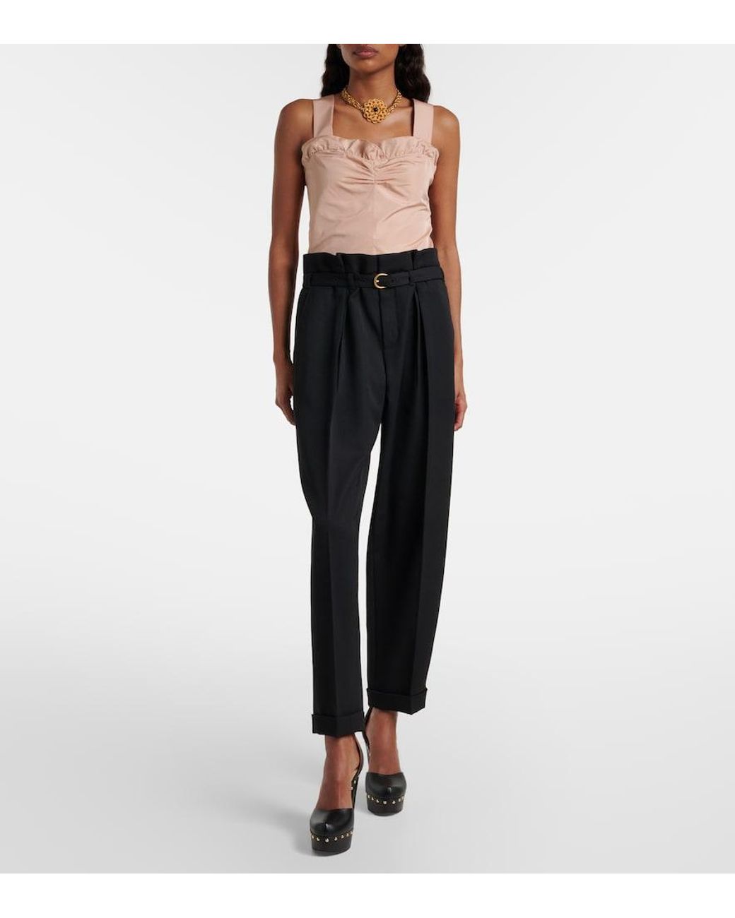 Chloé Black Belted Pleated Virgin Wool Tapered Pants
