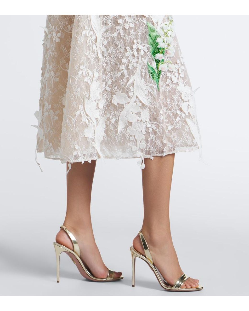 LEO LIN Natural Cleo Beaded Floral-Applique Lace Dress