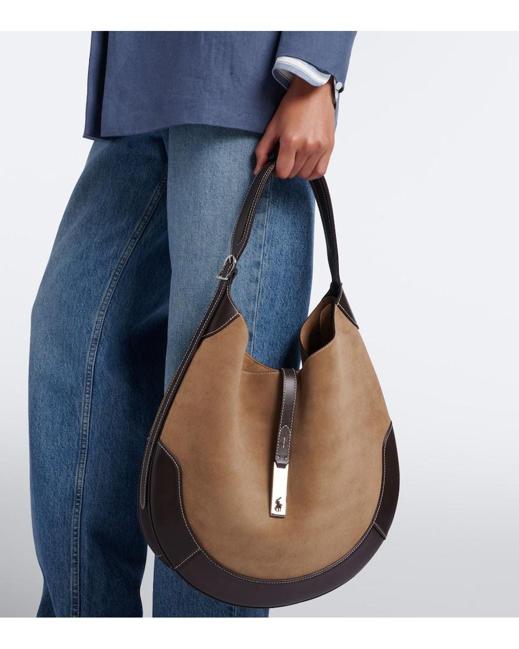 Polo Ralph Lauren Brown Polo Id Medium Suede Shoulder Bag