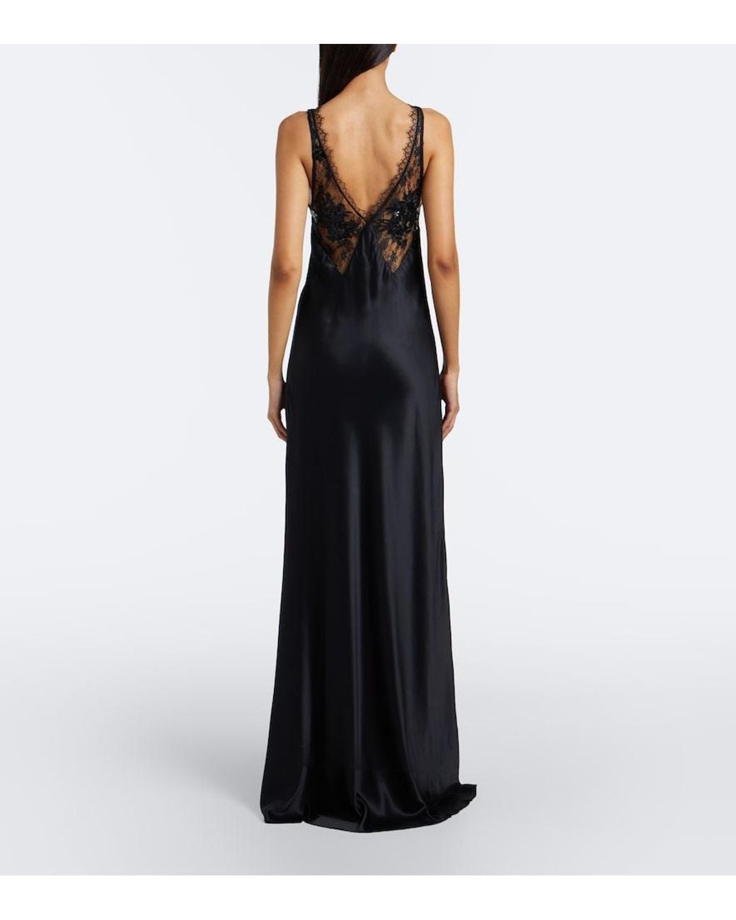 The Sei Black Sequined Lace-Trimmed Silk Satin Gown