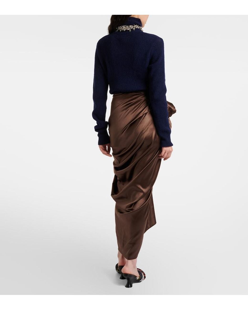 Dries Van Noten Brown Draped Silk-Blend Satin Midi Skirt