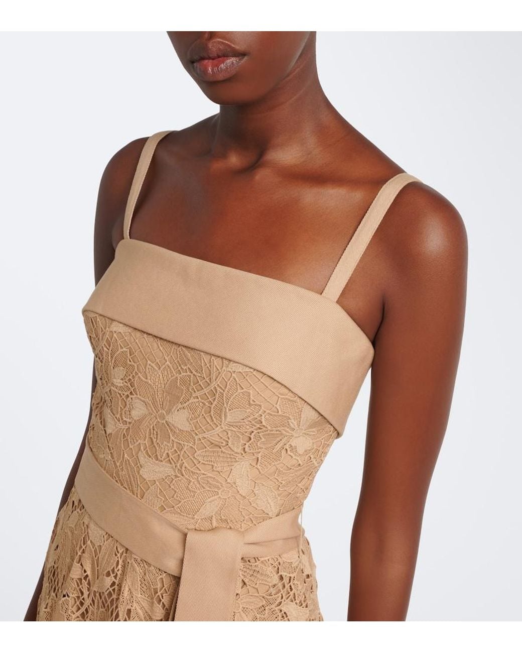 Elie Saab Natural Belted Tiered Guipure Lace Maxi Dress