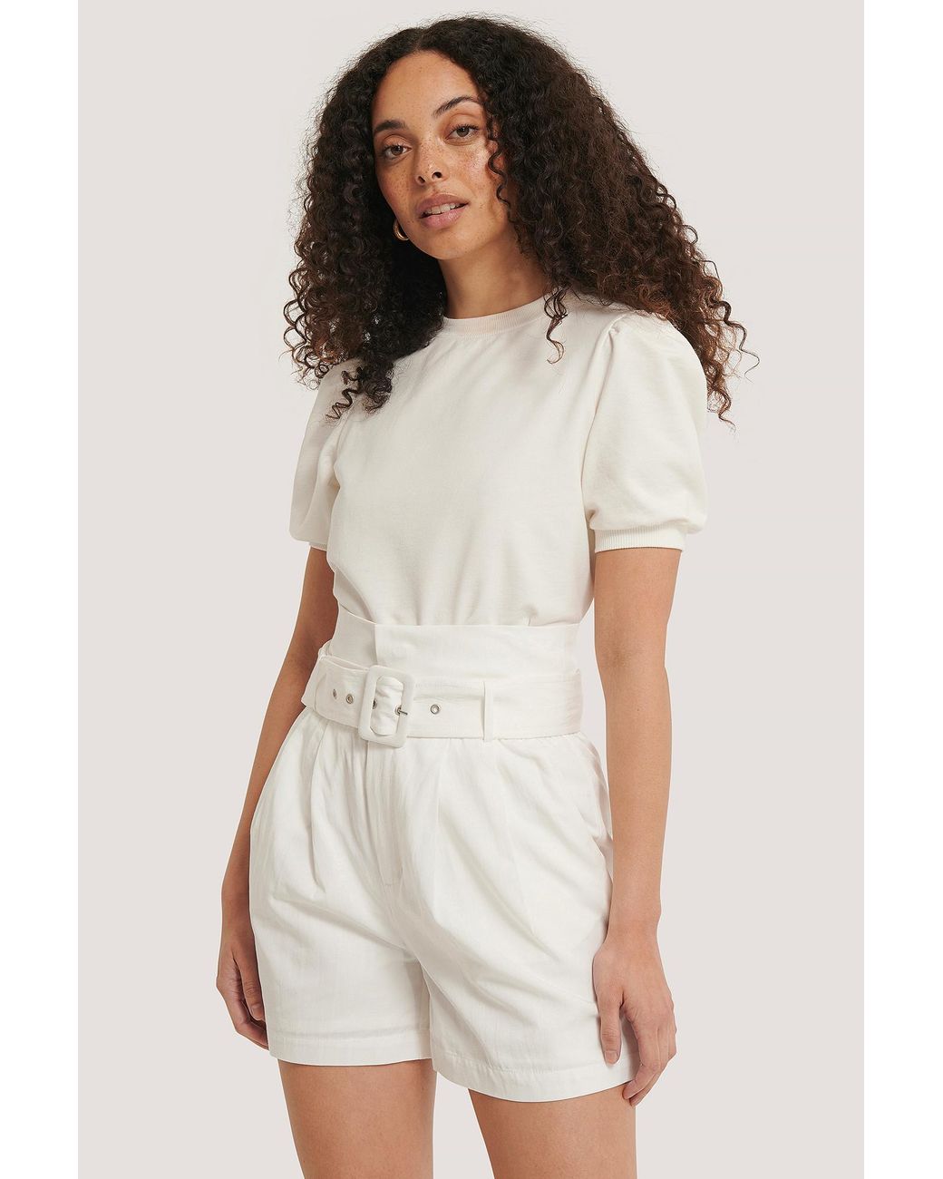 white high waisted belted shorts