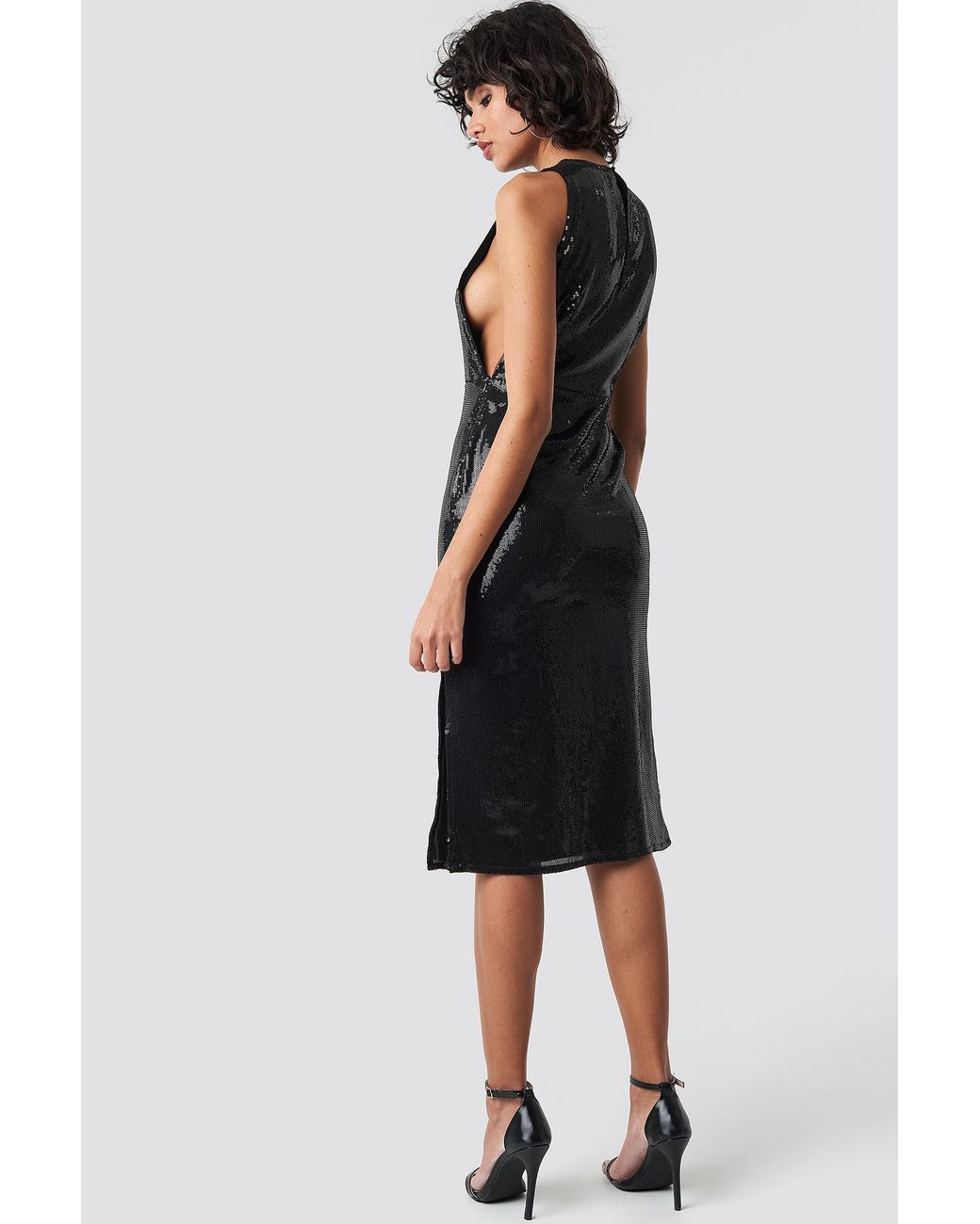 sequin top open back chiffon dip hem dress