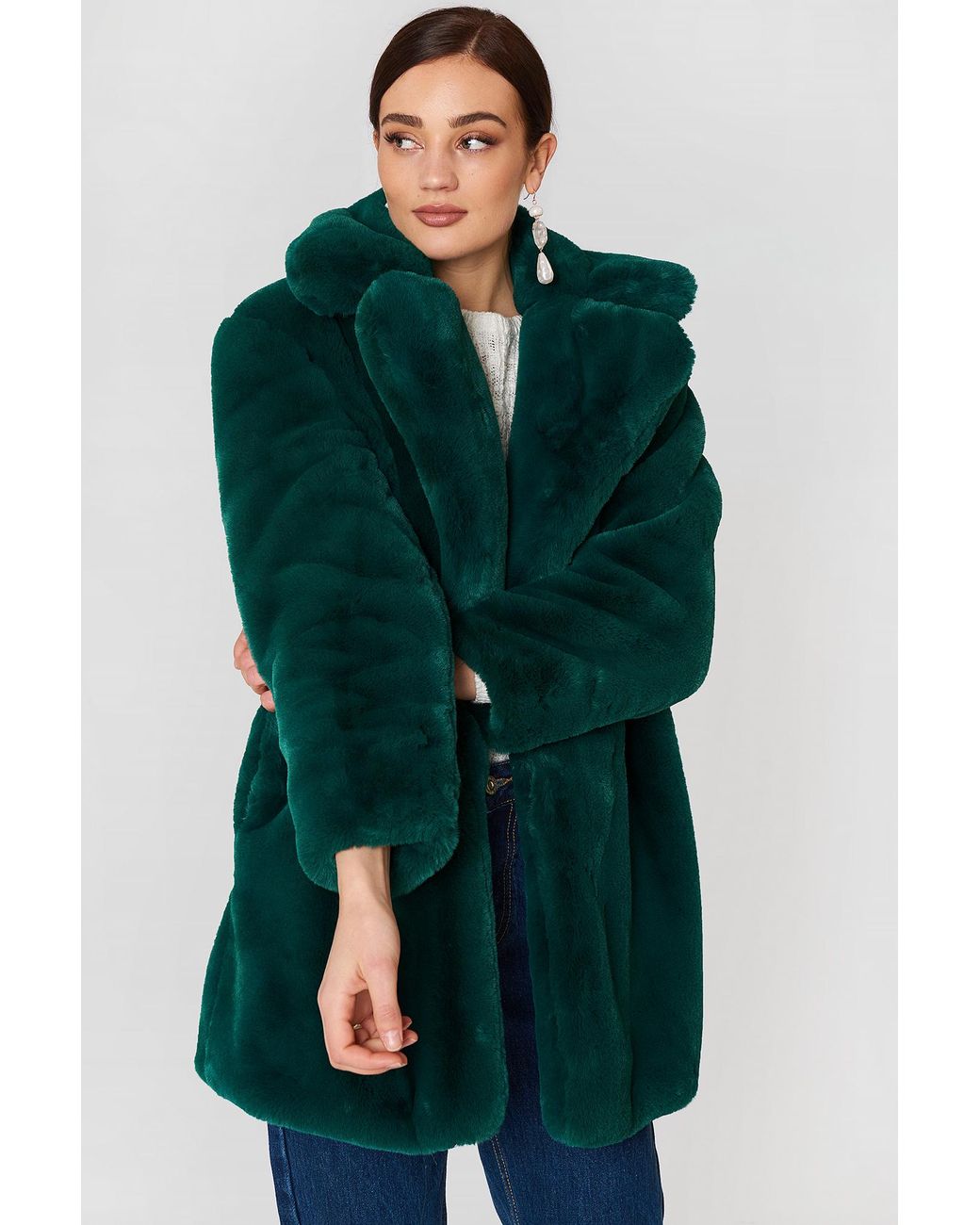 Mango Lapels Faux Fur Coat in Green Lyst