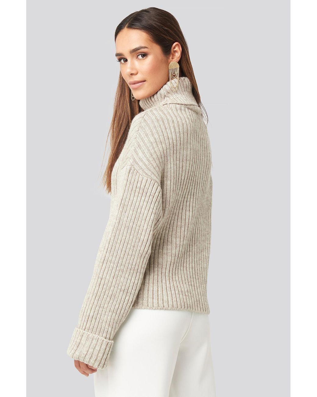 Beige Ribbed Knitted Turtleneck Sweater 