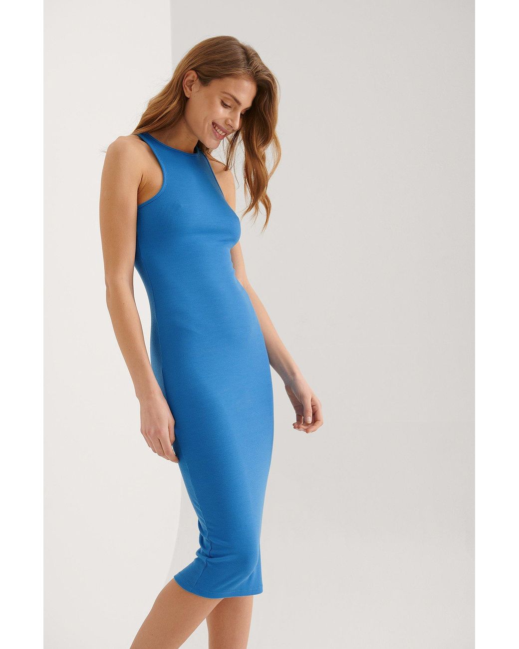NA-KD Blue Recycled Sleeveless Ribbed Midi Dress | Lyst