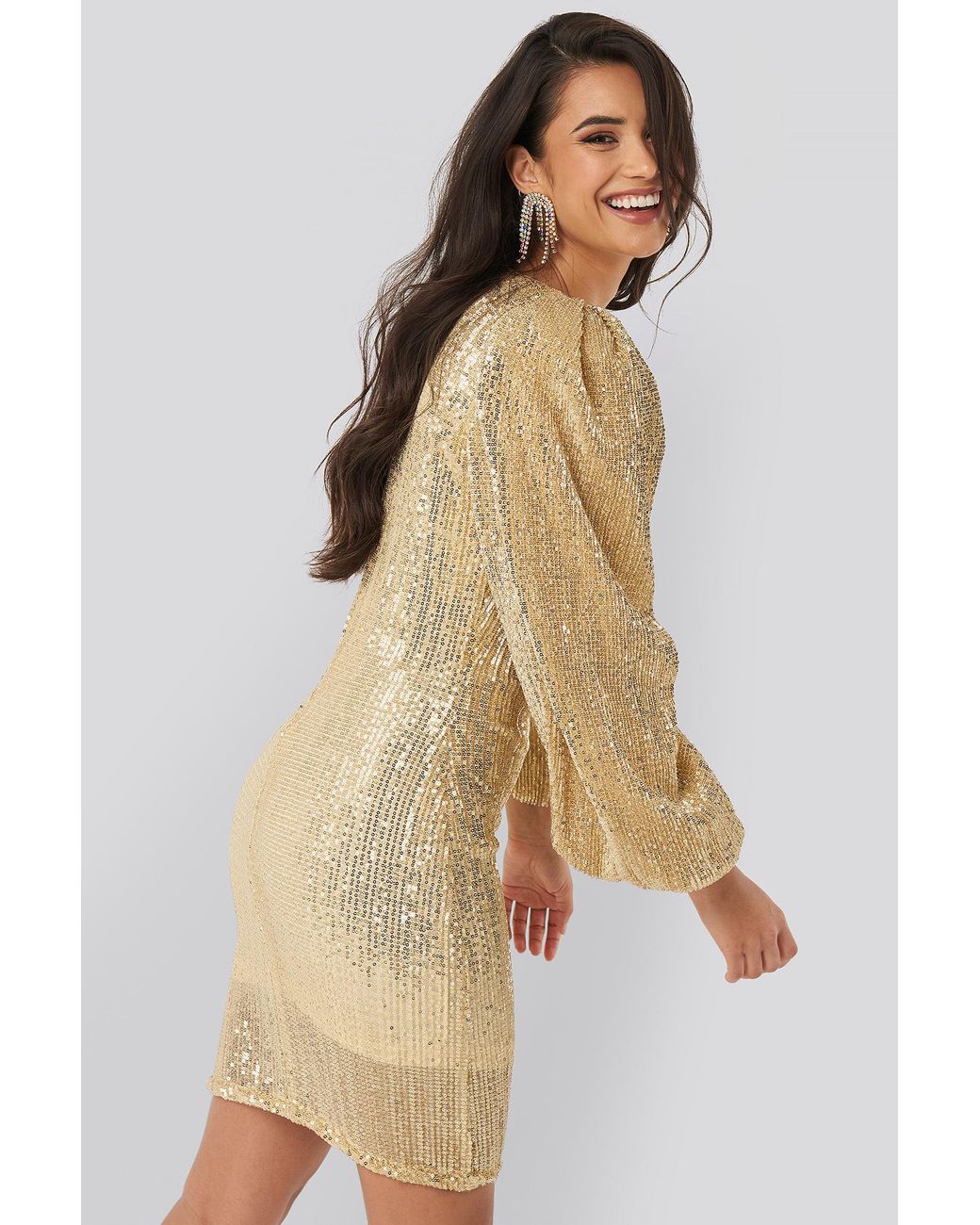 Gold Puff Sleeve Sequin Mini Dress 