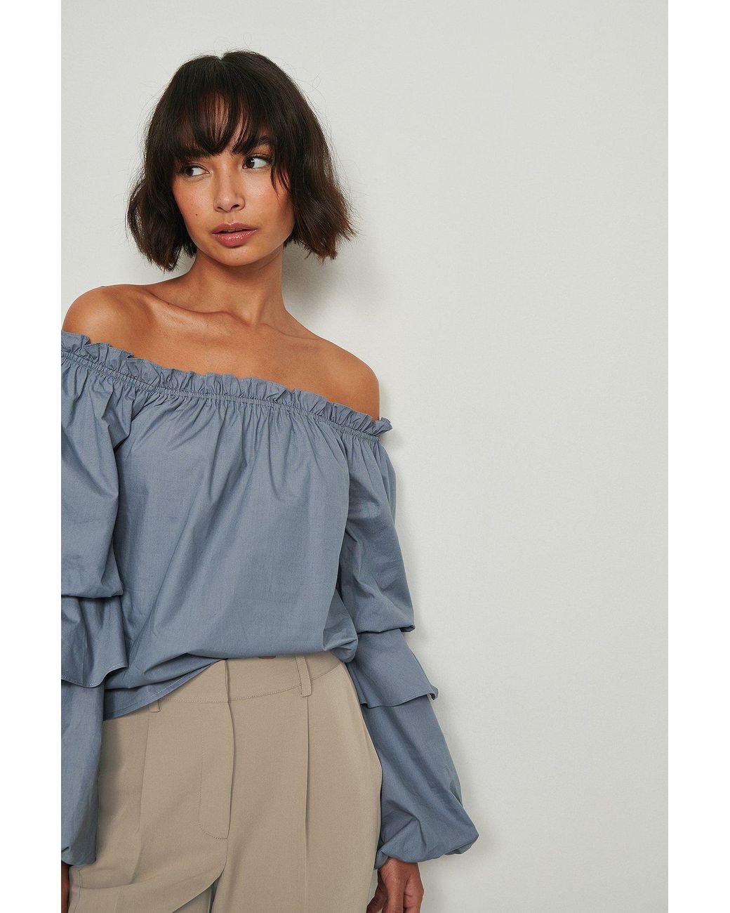 NA-KD Cotton Blue Organic Flounce Off Shoulder Blouse | Lyst