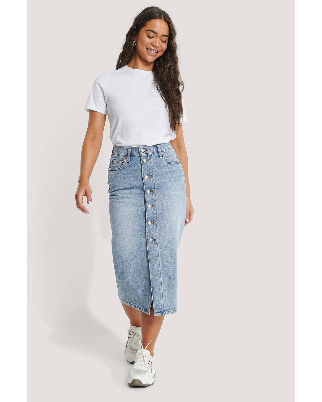 Levi's Blue Button Front Midi Skirt | Lyst