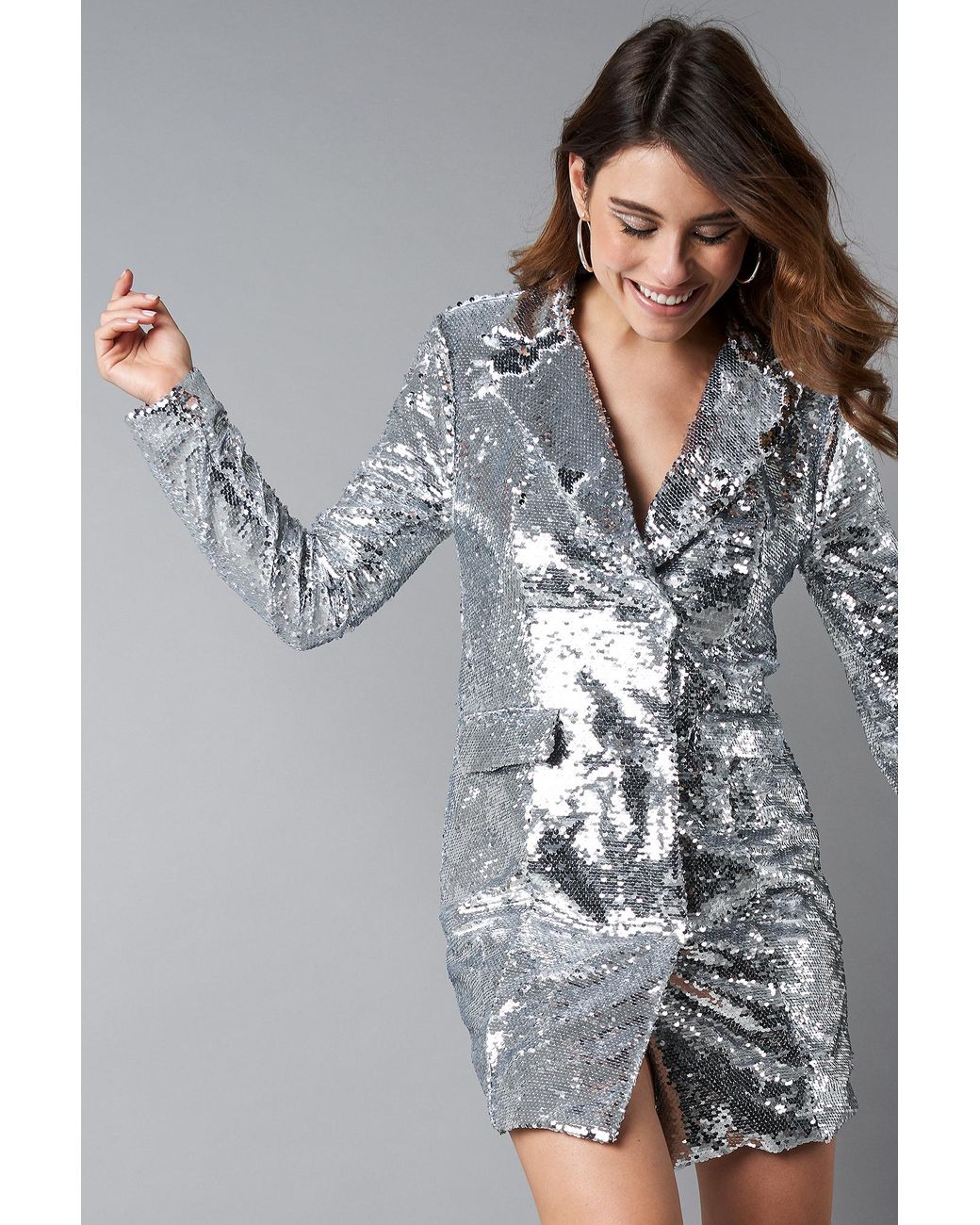 NA-KD Oversized Sequins Blazer Dress in Gray | Lyst