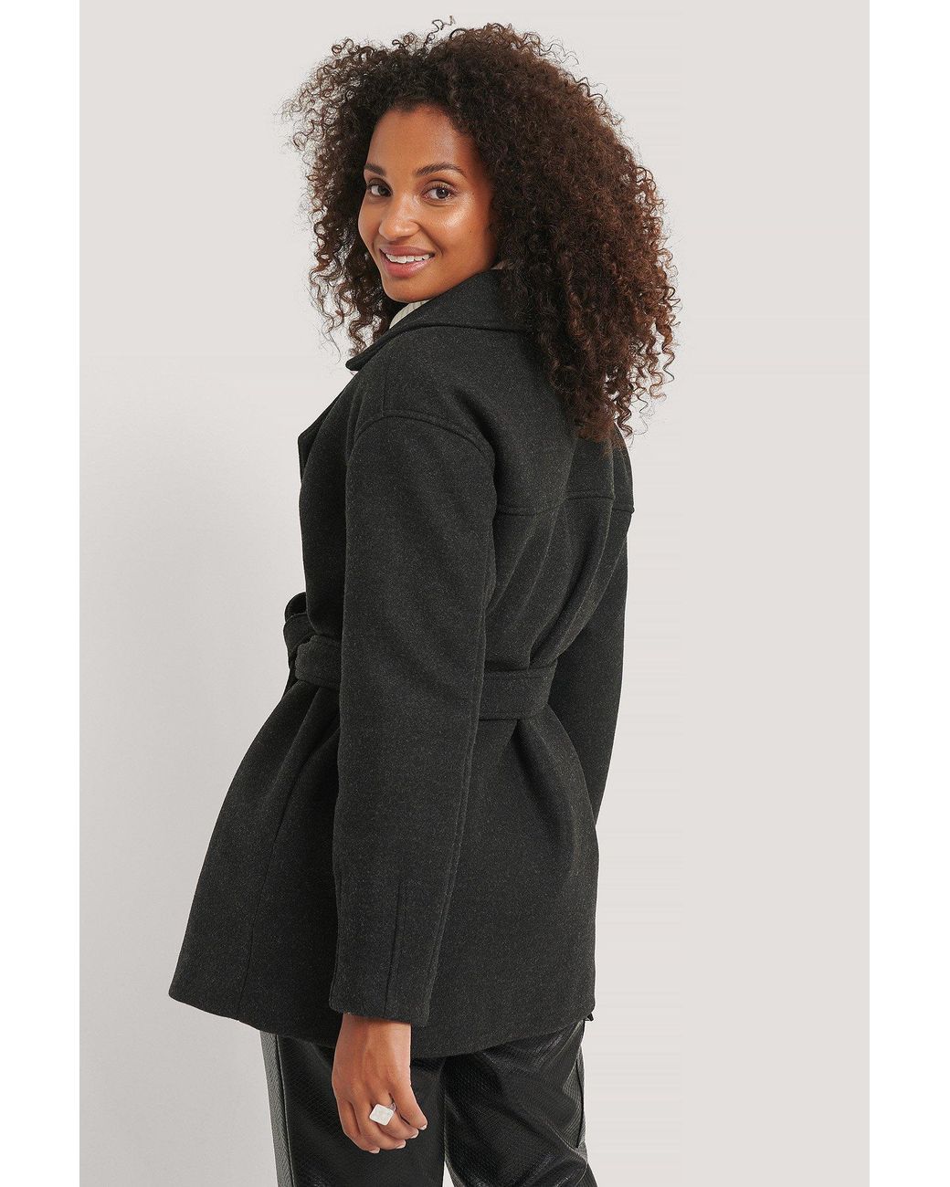Black Wool Blend Belted Short Coat 
