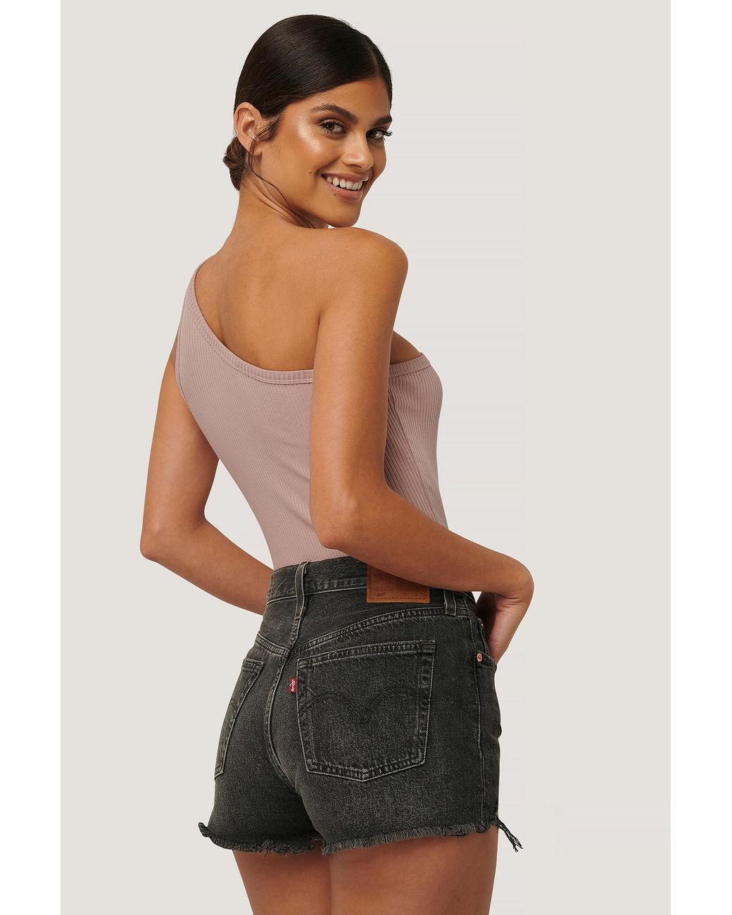 levi's 501 high rise short with raw hem and rips
