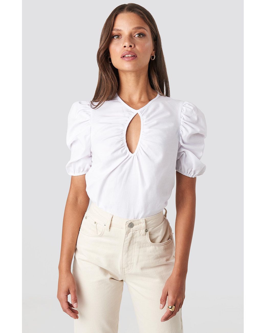 Short Puff Sleeve Keyhole Front Blouse 