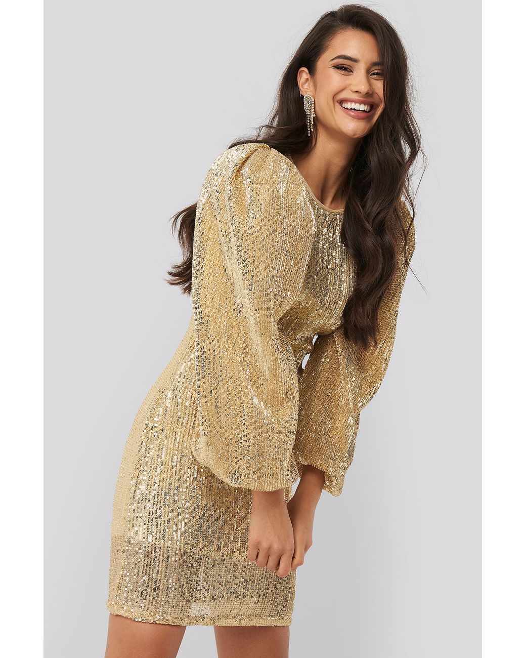 Gold Puff Sleeve Sequin Mini Dress 
