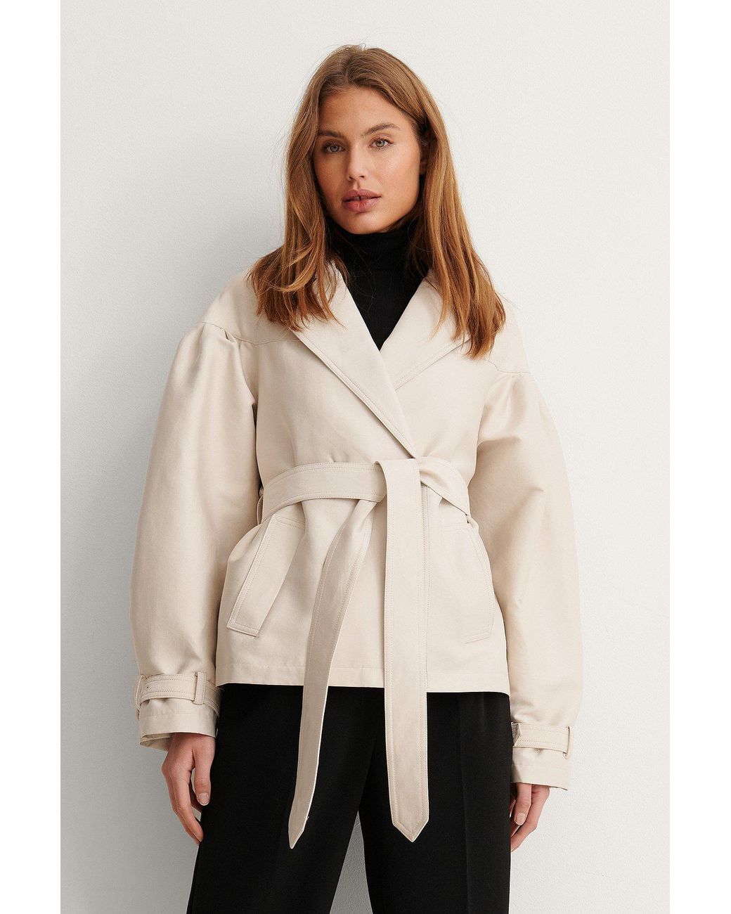Beige Balloon Sleeve Belted Short Coat 