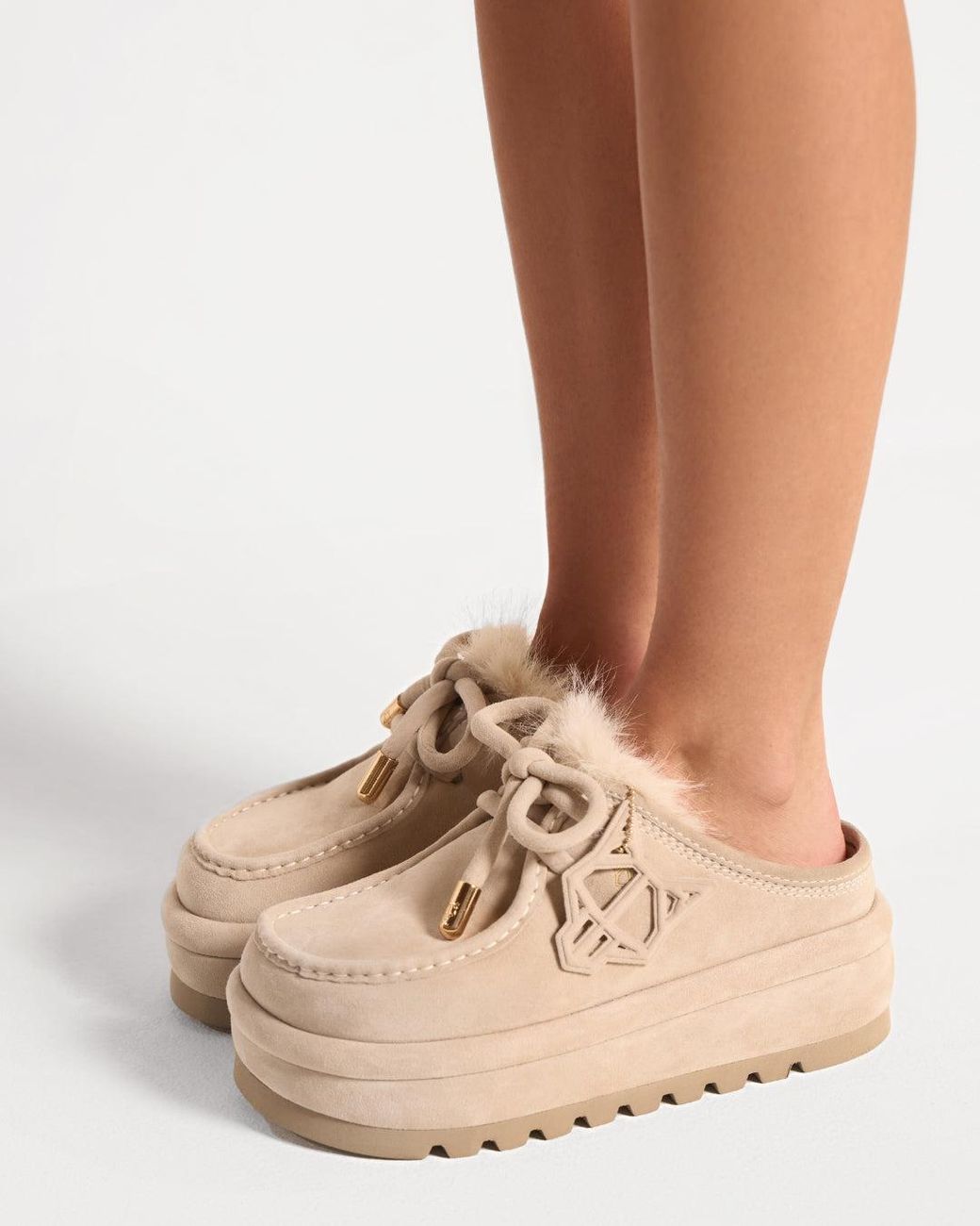 Naked Wolfe Natural Suede Shearling Slip-On Sneakers