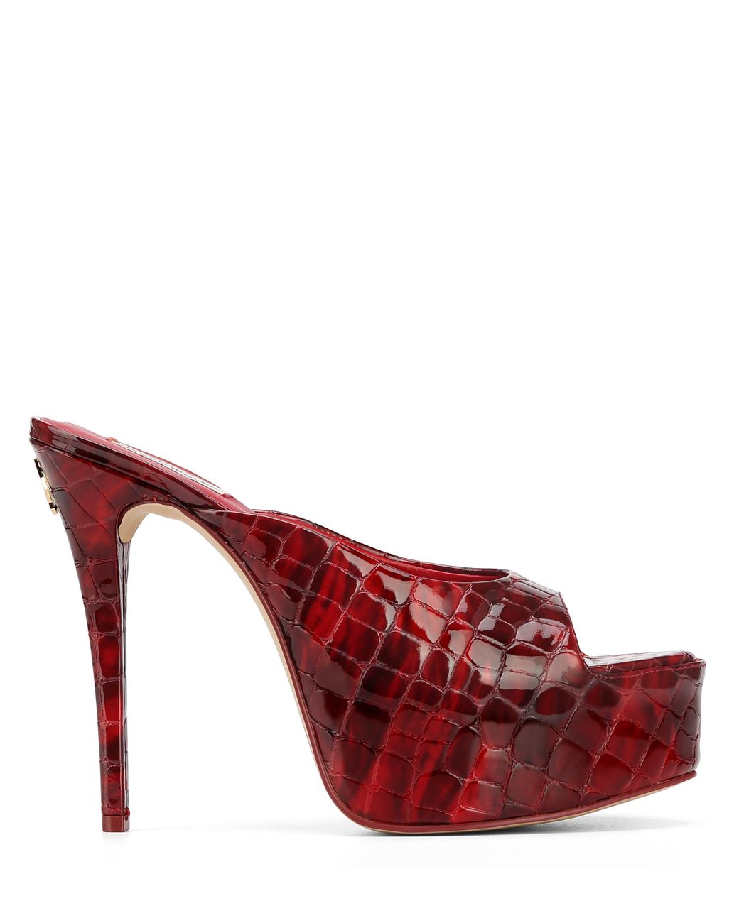 Naked Wolfe Croc Patent Leather Peep-Toe Cone Heels in Red