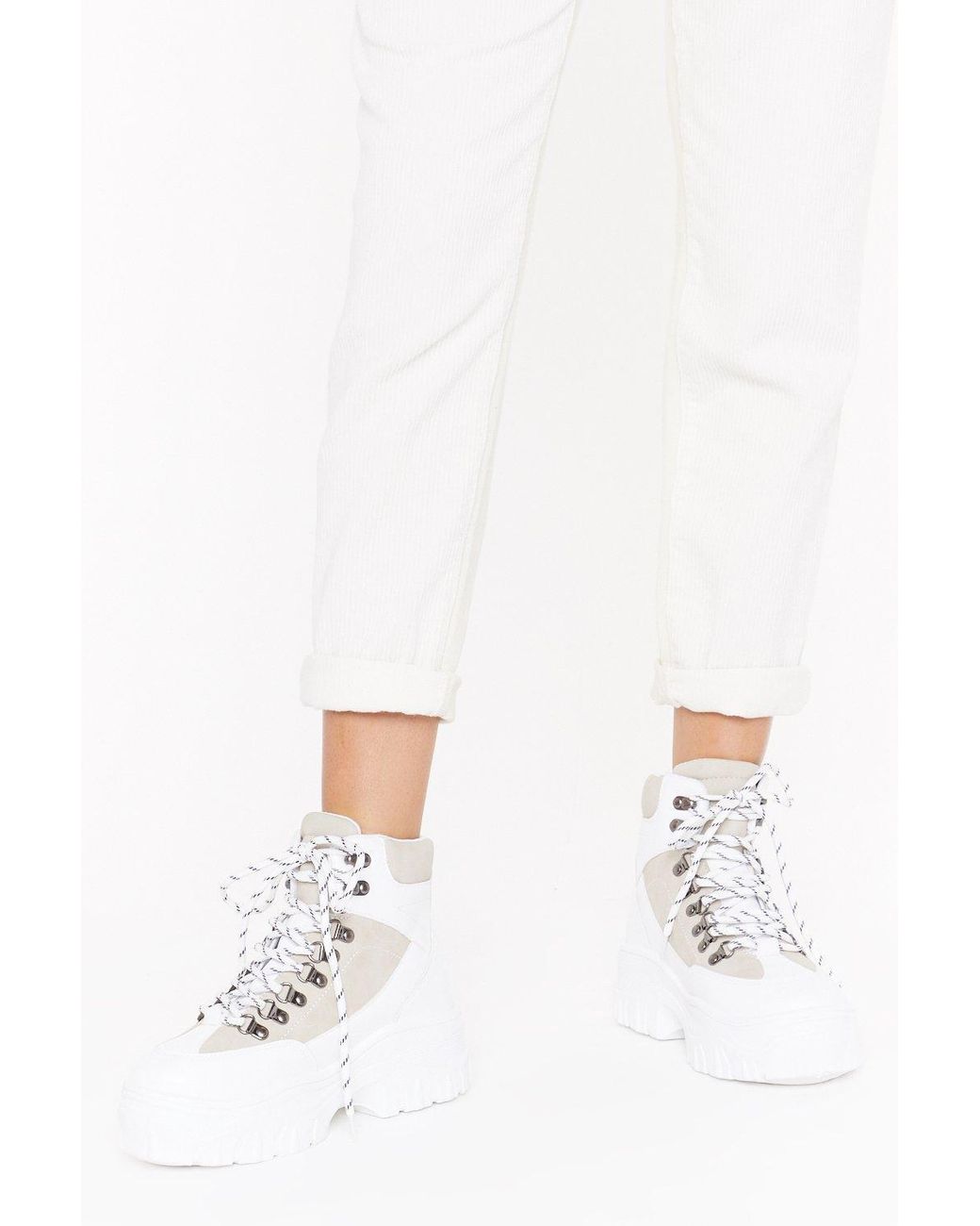 white chunky hiker boots