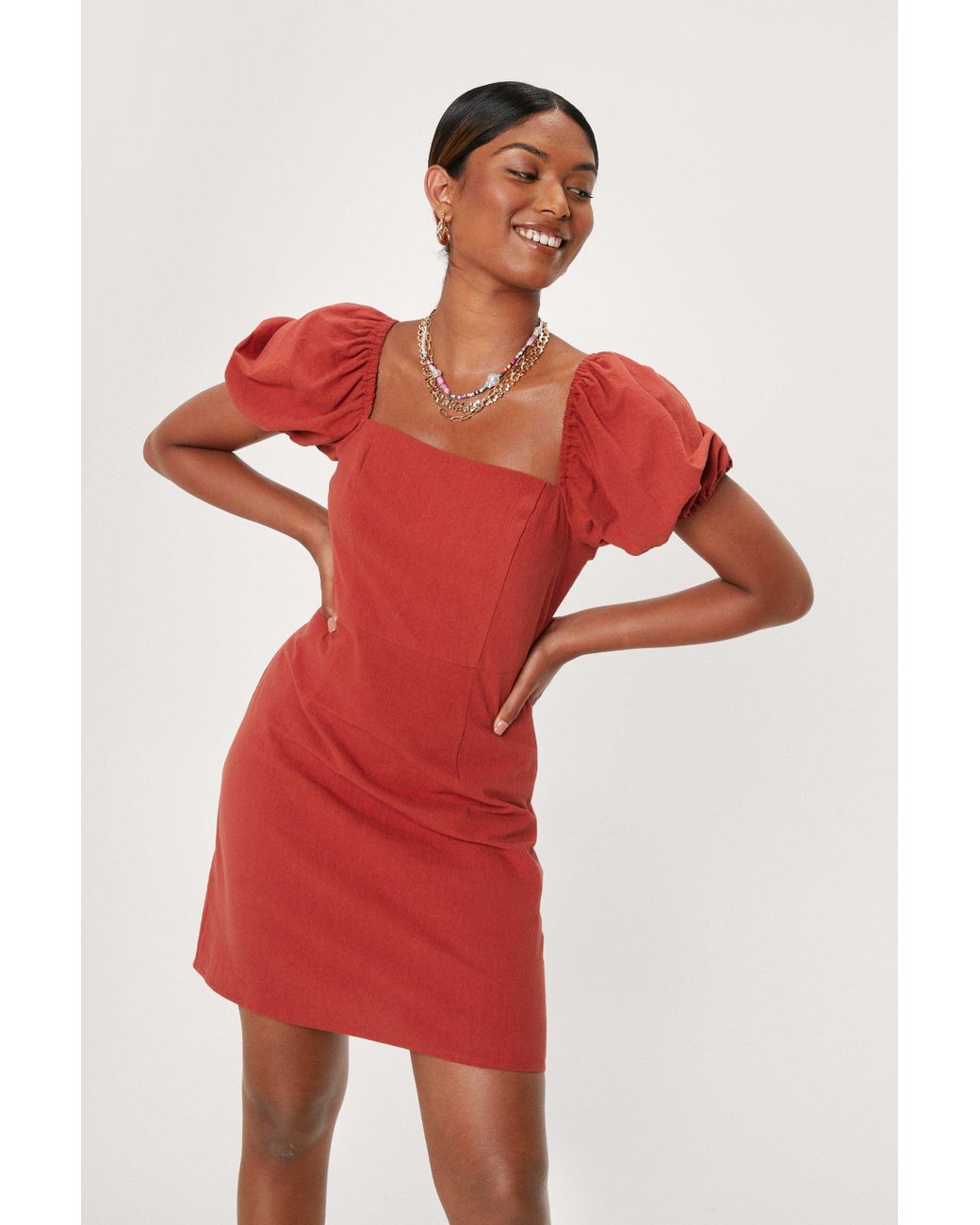 Nasty Gal Puff Sleeve Linen Look Mini 