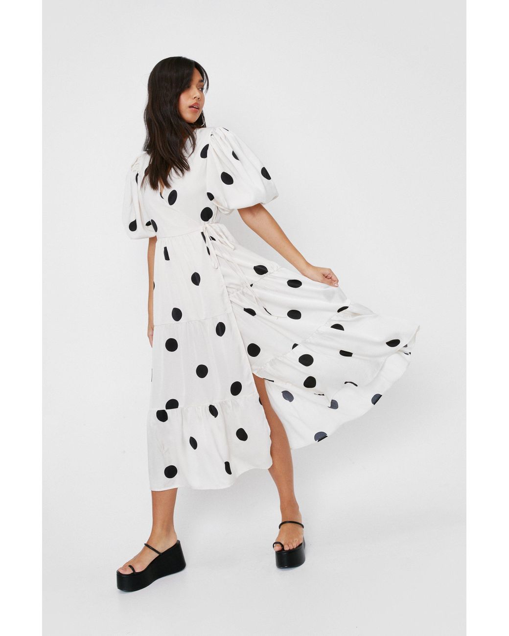 Nasty Gal Polka Dot Print Wrap Midi Dress in White | Lyst