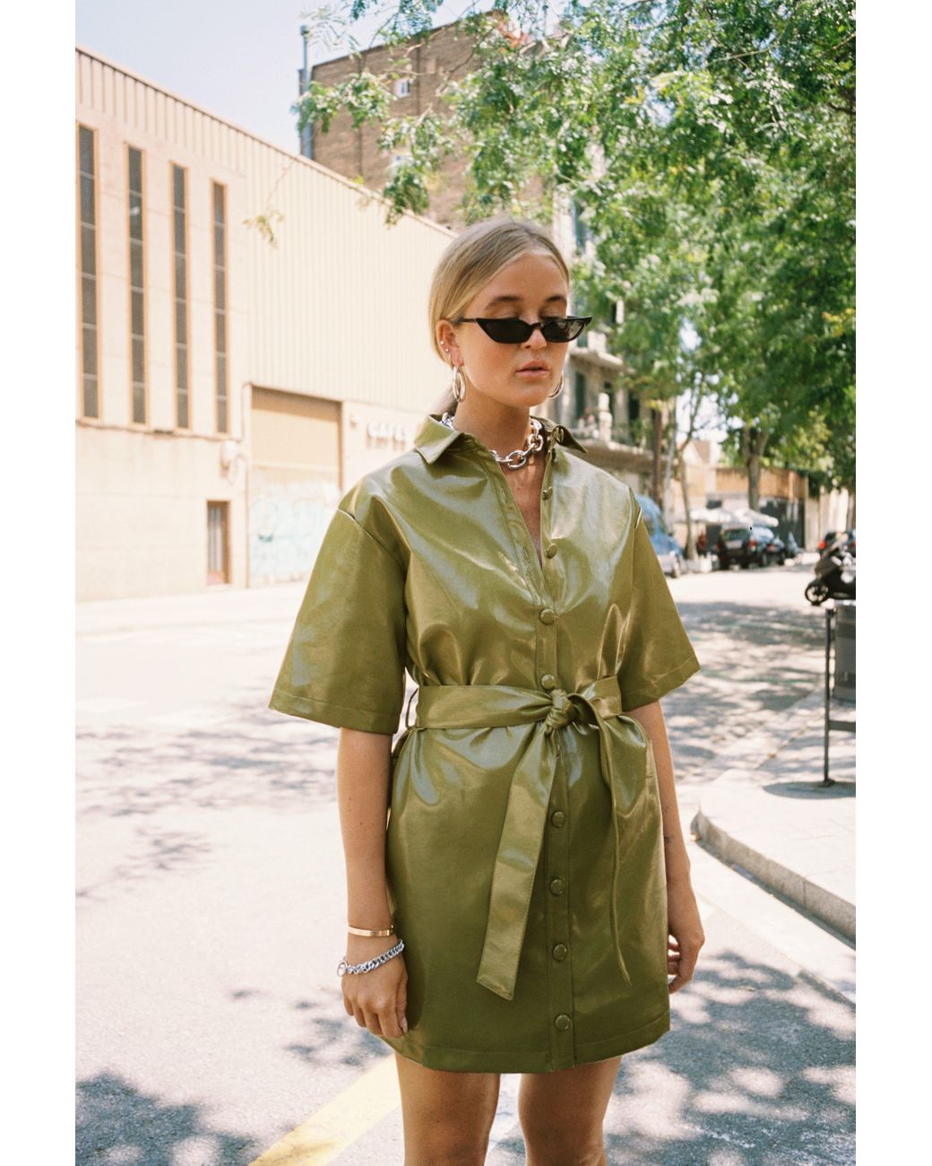 green vinyl dress