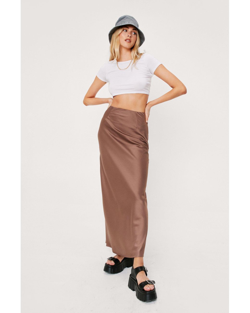 Satin High Waisted Bias Cut Maxi Skirt 