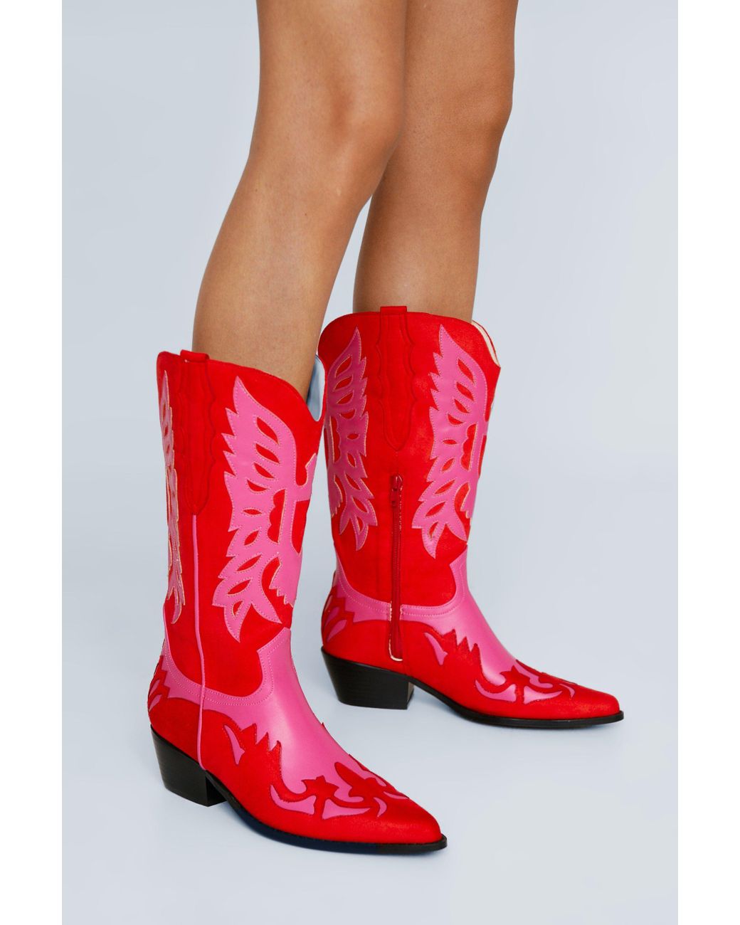 Nasty Gal Faux Leather & Suede Contrast Western Boots in Red | Lyst