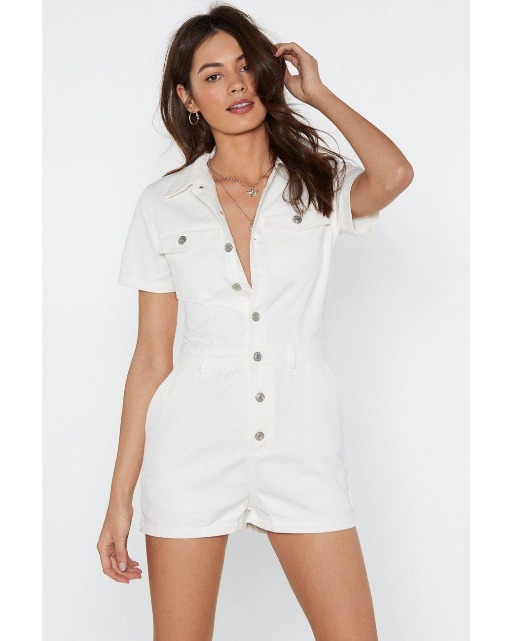 Nasty Gal Bow Button-down Denim Playsuit in White | Lyst