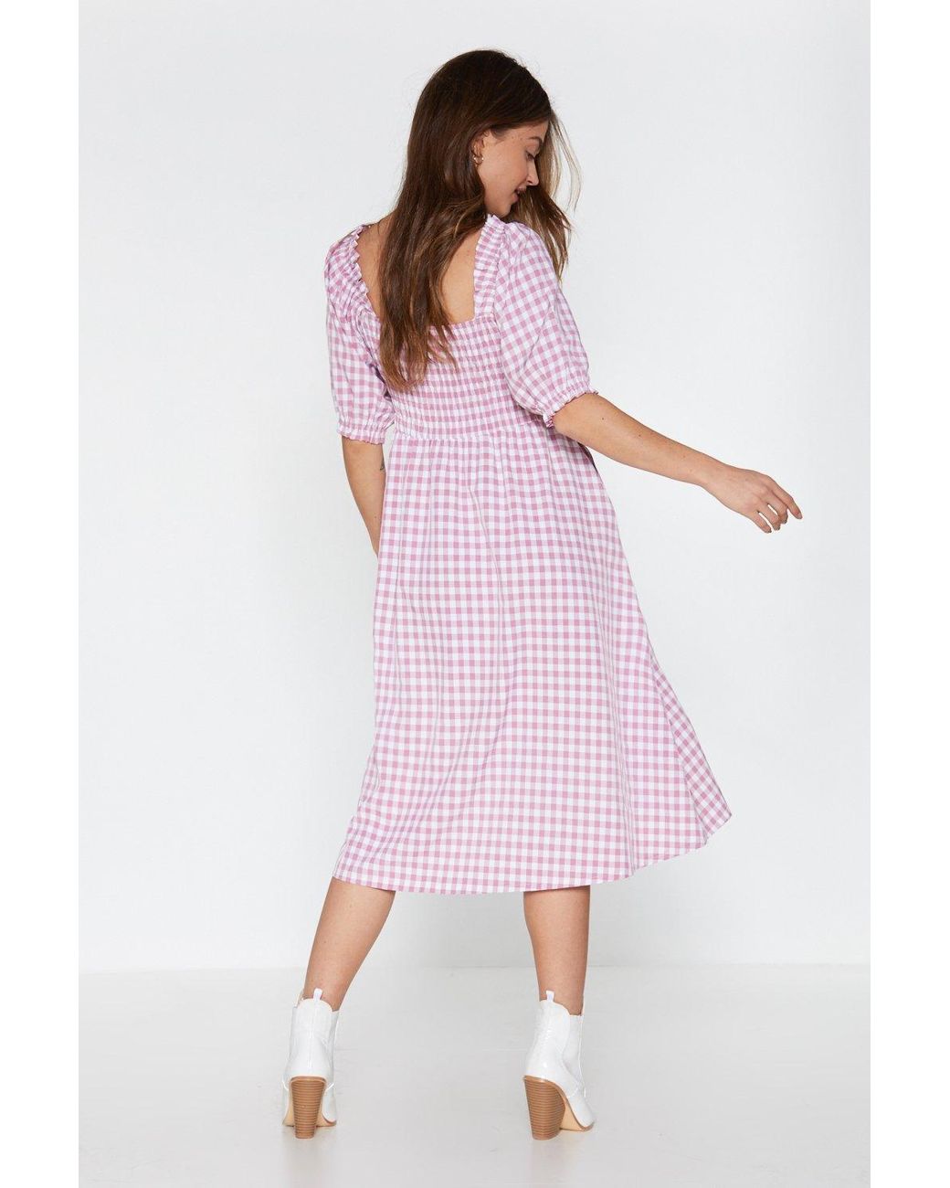 pink gingham midi dress