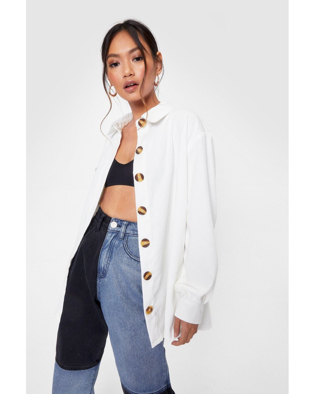 Nasty Gal Button Up Oversized Corduroy Shirt in White - Lyst