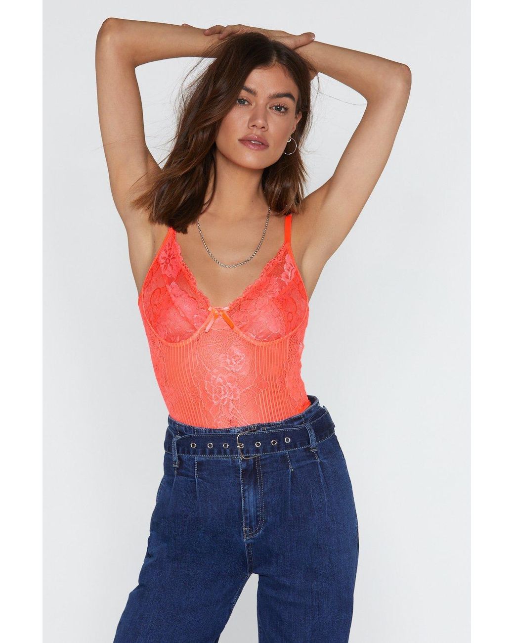 neon orange lace bodysuit