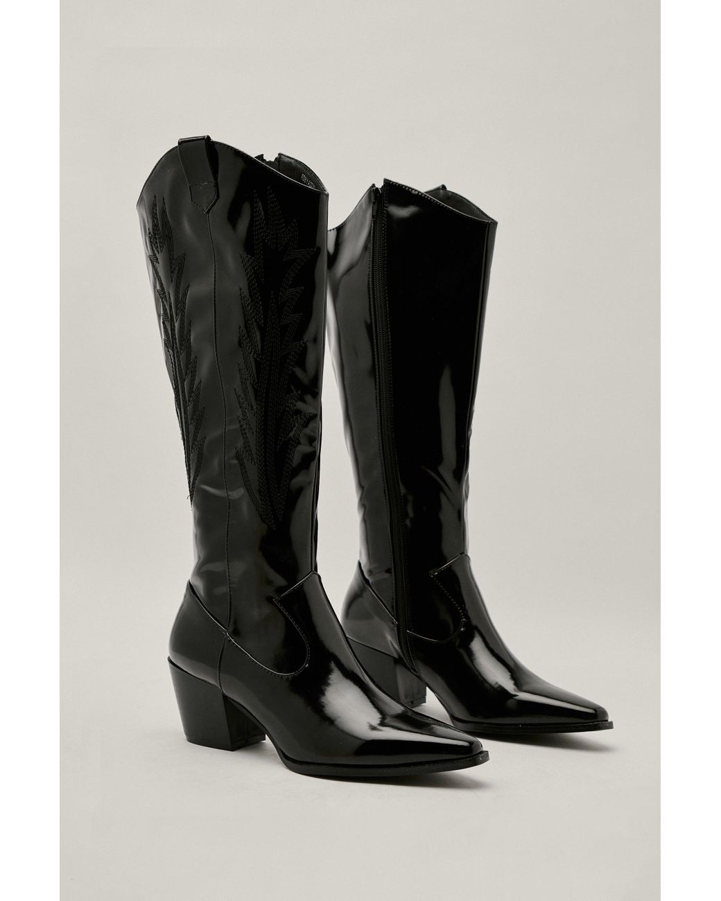 Nasty Gal Faux Leather Knee High Cowboy Boots in Black | Lyst