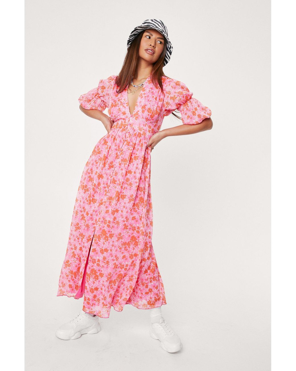 Puff Sleeve Midi Dress in Bright Pink 