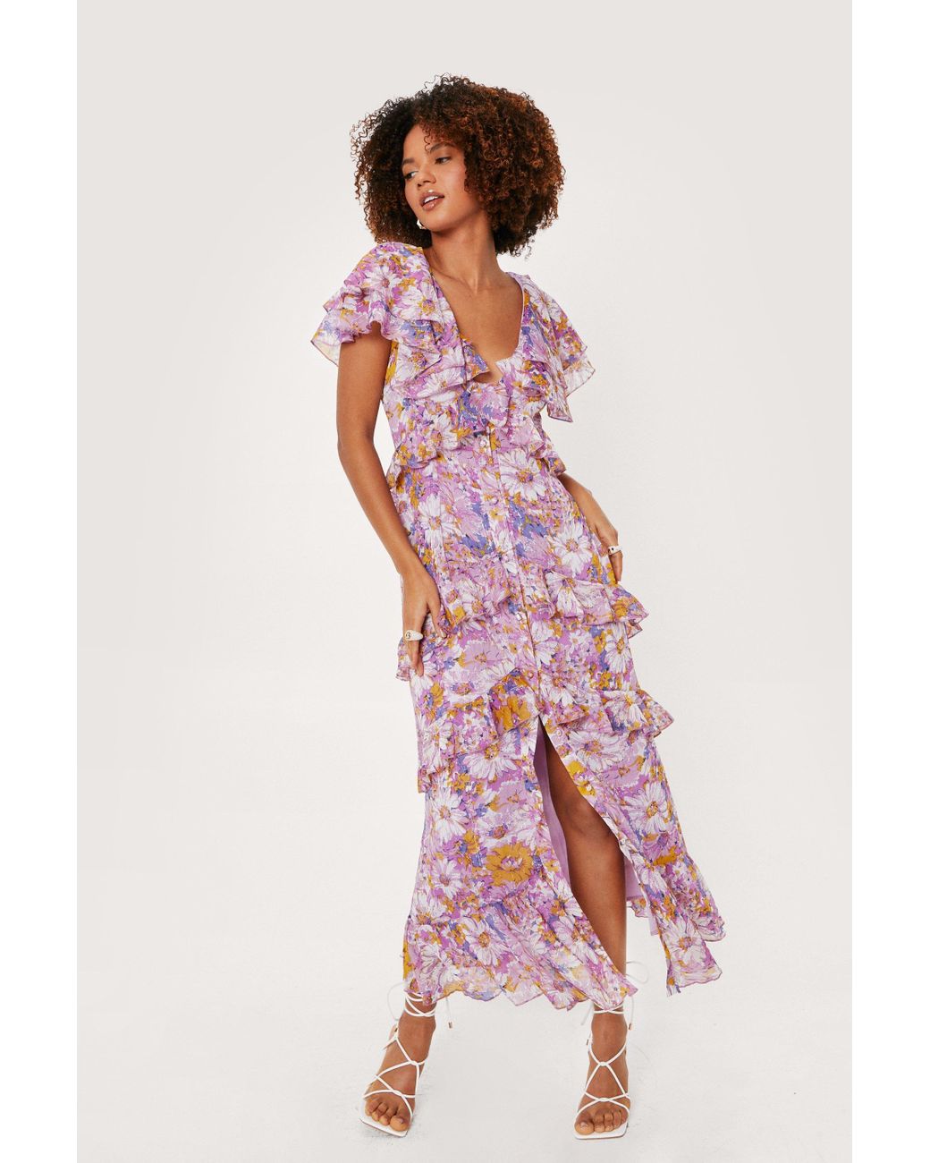 Nasty Gal Floral Print Button Down Ruffle Maxi Dress in Purple | Lyst