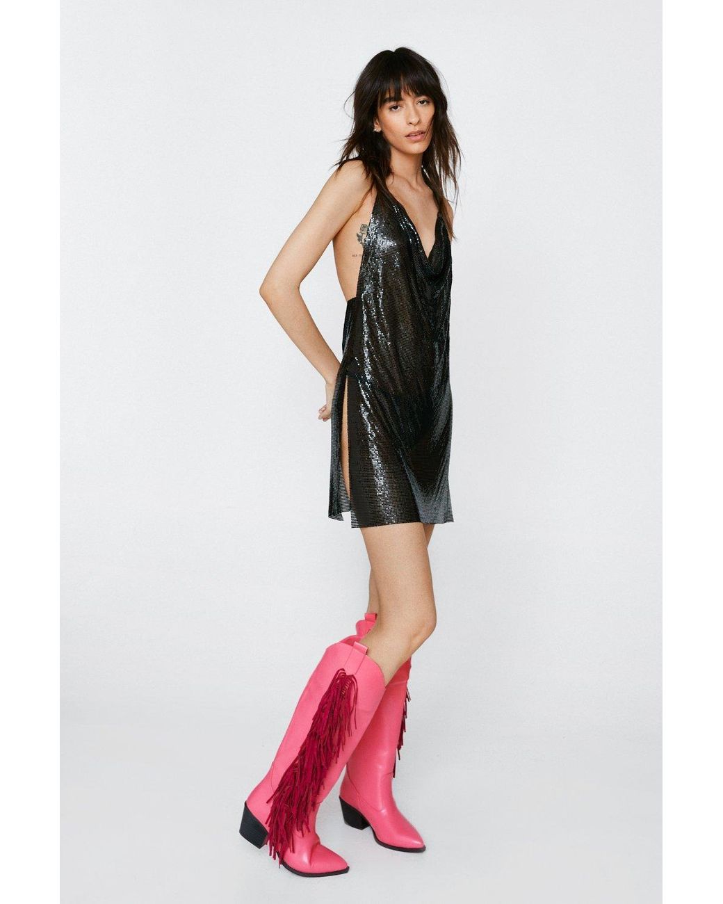 Nasty Gal Faux Leather Tassel Knee High Cowboy Boots in Pink | Lyst